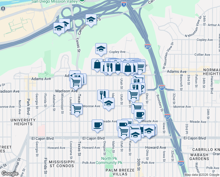 map of restaurants, bars, coffee shops, grocery stores, and more near 2716 Madison Avenue in San Diego