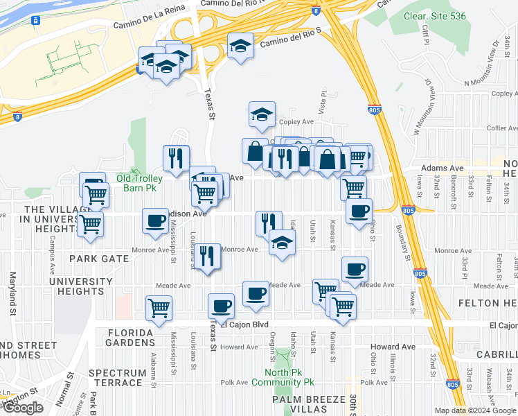 map of restaurants, bars, coffee shops, grocery stores, and more near 4620 Hamilton Street in San Diego