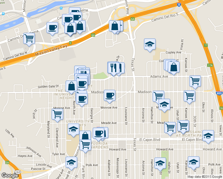 map of restaurants, bars, coffee shops, grocery stores, and more near 4625 Alabama Street in San Diego