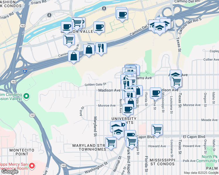 map of restaurants, bars, coffee shops, grocery stores, and more near 4619 1/2 Campus Avenue in San Diego