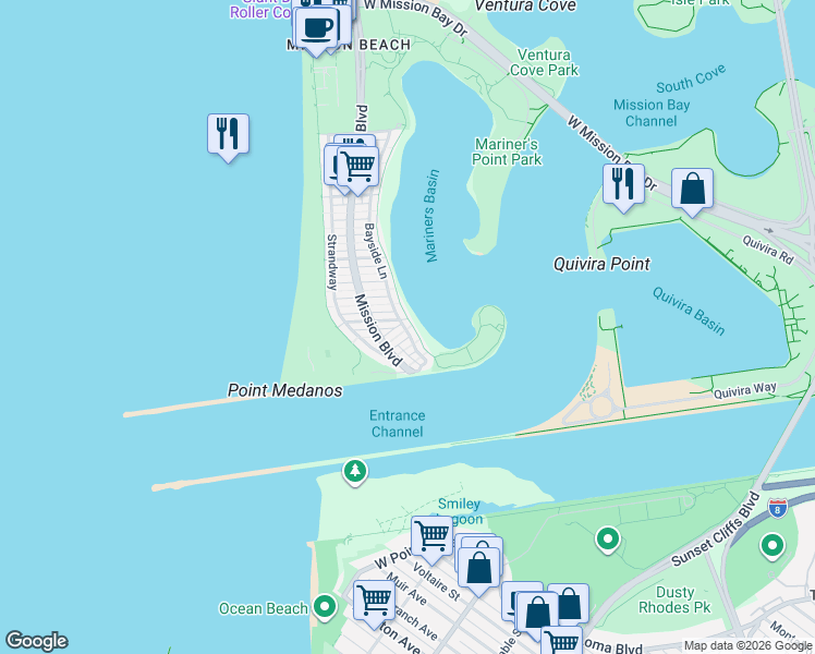map of restaurants, bars, coffee shops, grocery stores, and more near 2694 Bayside Walk in San Diego