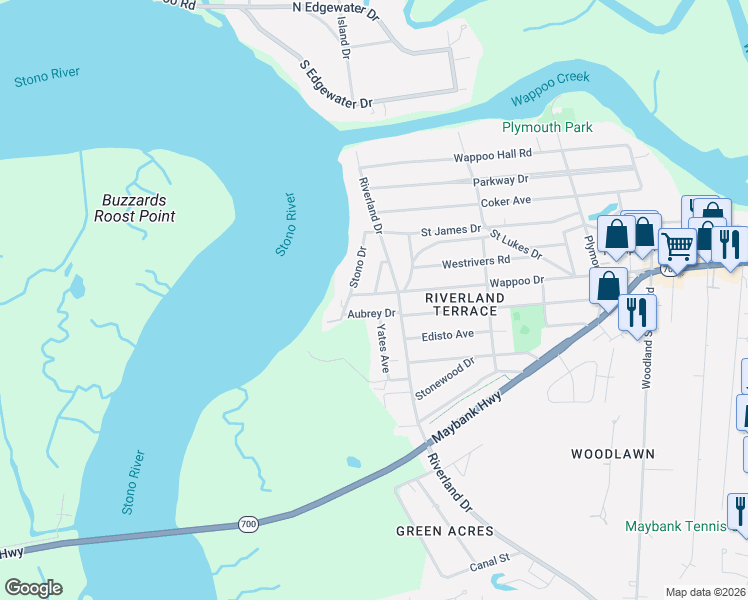 map of restaurants, bars, coffee shops, grocery stores, and more near 2204 Wappoo Drive in Charleston