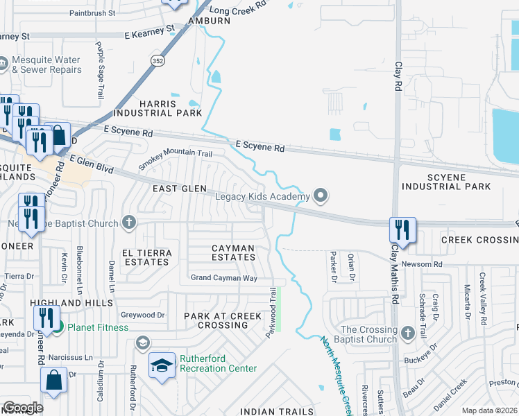 map of restaurants, bars, coffee shops, grocery stores, and more near 526 Stonewall Way in Mesquite