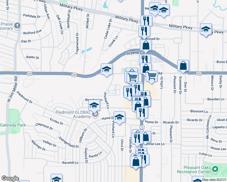 map of restaurants, bars, coffee shops, grocery stores, and more near 2910 Prichard Lane in Dallas