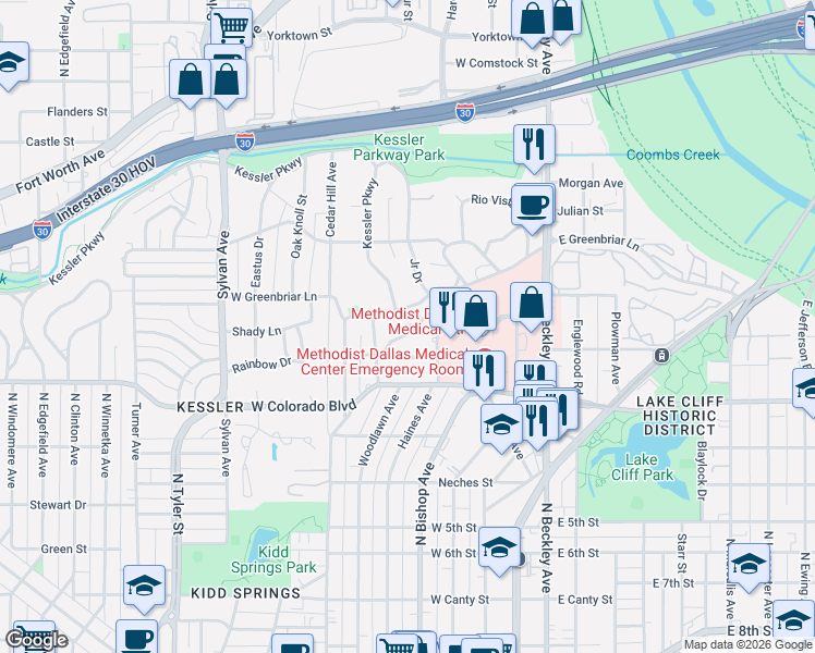 map of restaurants, bars, coffee shops, grocery stores, and more near 1451 Junior Drive in Dallas