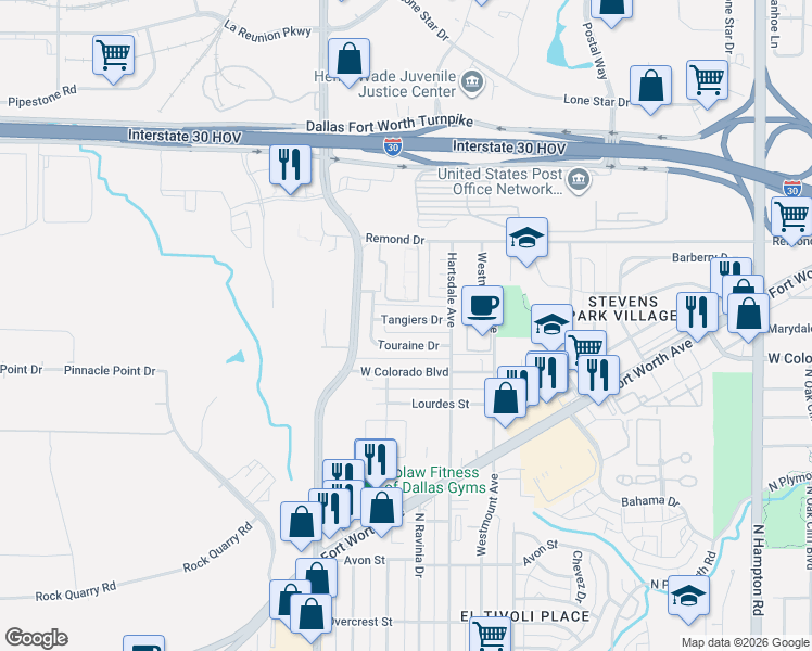 map of restaurants, bars, coffee shops, grocery stores, and more near 2932 Tangiers Drive in Dallas