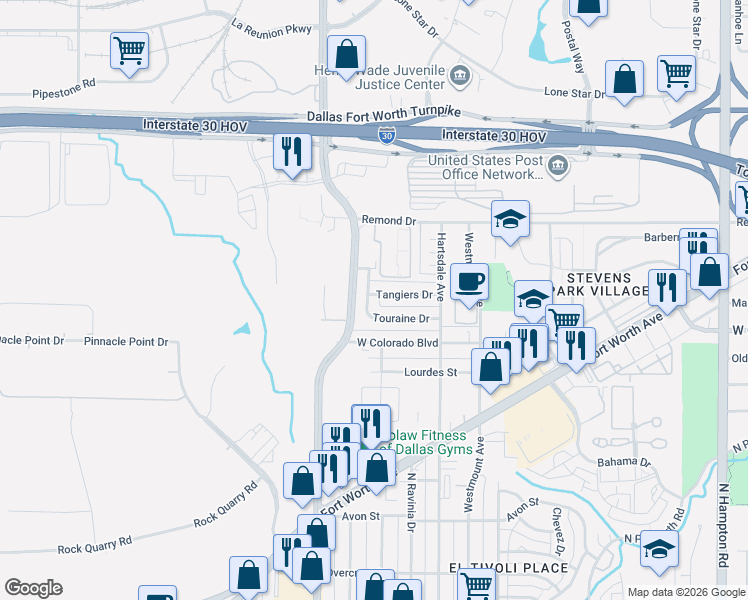 map of restaurants, bars, coffee shops, grocery stores, and more near 3125 Touraine Drive in Dallas