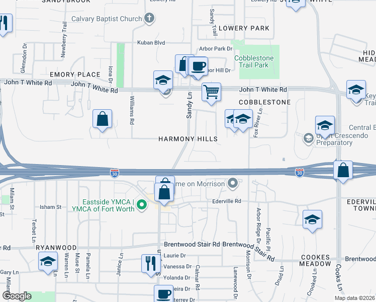 map of restaurants, bars, coffee shops, grocery stores, and more near 7401 Sunray Drive in Fort Worth