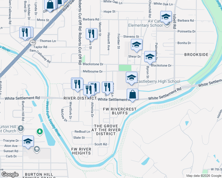 map of restaurants, bars, coffee shops, grocery stores, and more near 136 Priddy Lane in Fort Worth
