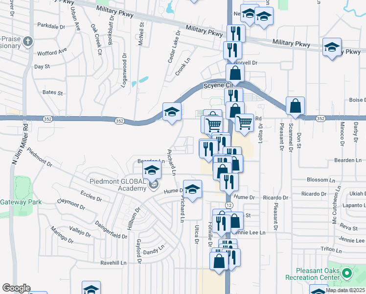 map of restaurants, bars, coffee shops, grocery stores, and more near 2910 Prichard Lane in Dallas