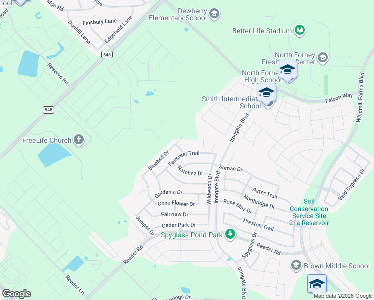 map of restaurants, bars, coffee shops, grocery stores, and more near 2025 Fair Crest Trail in Forney