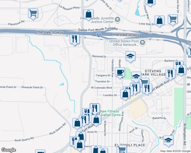 map of restaurants, bars, coffee shops, grocery stores, and more near 3125 Touraine Drive in Dallas