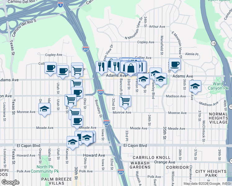 map of restaurants, bars, coffee shops, grocery stores, and more near 4605 32nd Street in San Diego