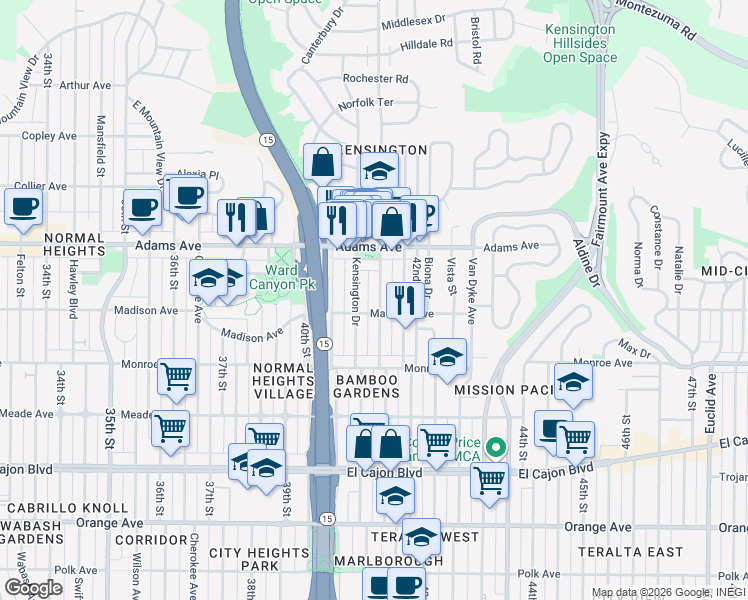 map of restaurants, bars, coffee shops, grocery stores, and more near 4618 Marlborough Drive in San Diego
