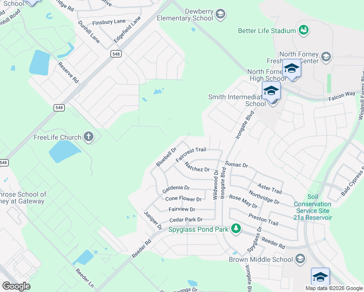map of restaurants, bars, coffee shops, grocery stores, and more near 2107 Bluebell Drive in Forney