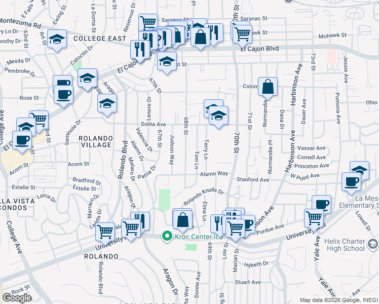 map of restaurants, bars, coffee shops, grocery stores, and more near 4591 68th Street in La Mesa