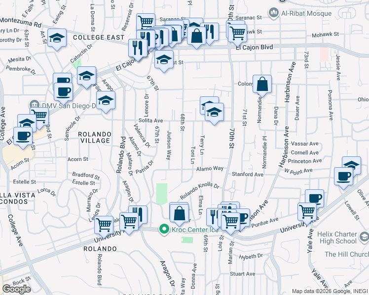 map of restaurants, bars, coffee shops, grocery stores, and more near 4591 68th Street in La Mesa