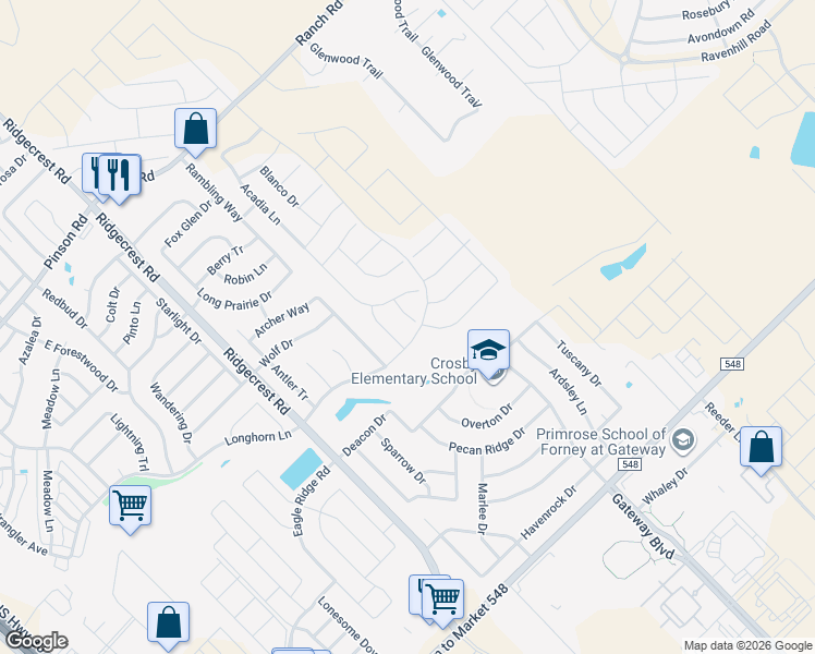 map of restaurants, bars, coffee shops, grocery stores, and more near 107 Mesa Verde Court in Forney