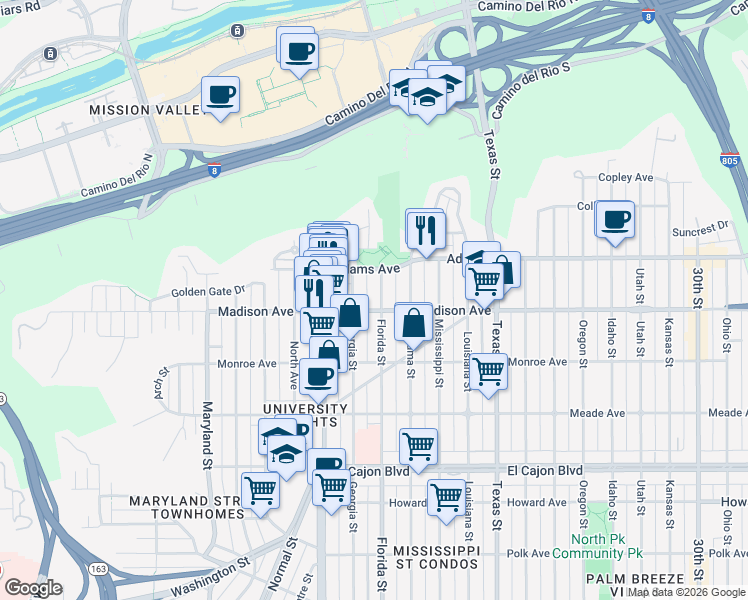 map of restaurants, bars, coffee shops, grocery stores, and more near 4619 Georgia Street in San Diego