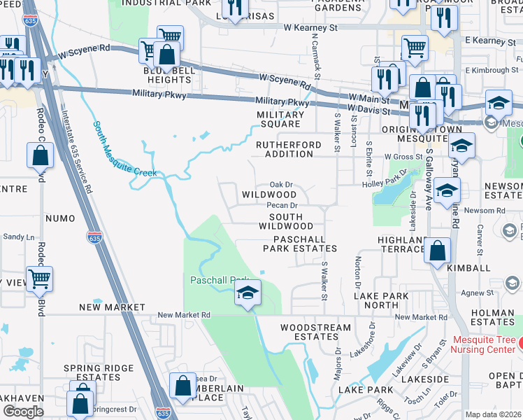 map of restaurants, bars, coffee shops, grocery stores, and more near 812 Pecan Drive in Mesquite
