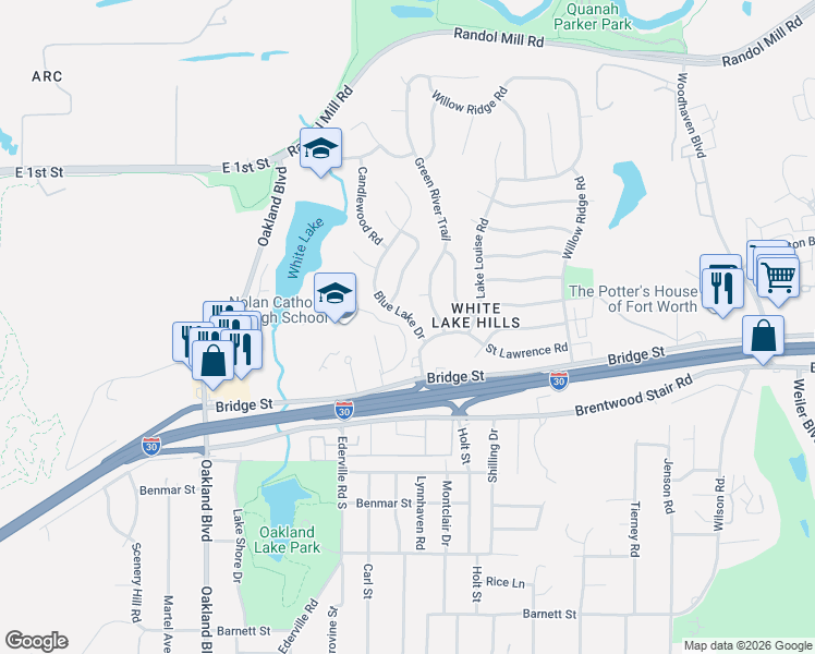 map of restaurants, bars, coffee shops, grocery stores, and more near 1016 Blue Lake Drive in Fort Worth