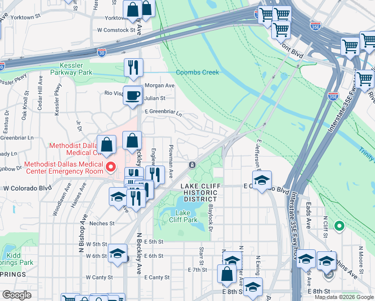 map of restaurants, bars, coffee shops, grocery stores, and more near in Dallas