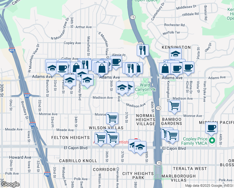 map of restaurants, bars, coffee shops, grocery stores, and more near 4616 Cherokee Avenue in San Diego