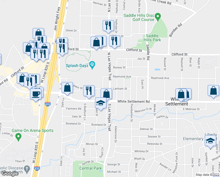 map of restaurants, bars, coffee shops, grocery stores, and more near N Las Vegas Trail in White Settlement