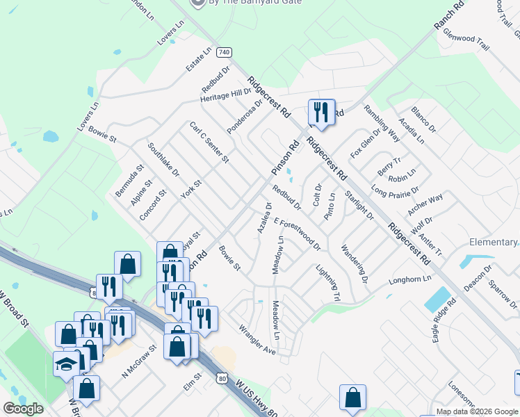 map of restaurants, bars, coffee shops, grocery stores, and more near 320 Forestwood Dr in Forney