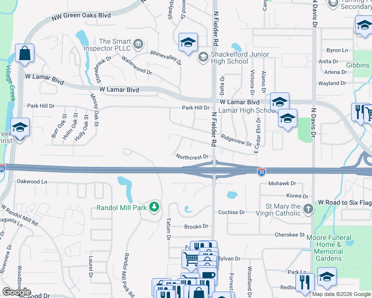 map of restaurants, bars, coffee shops, grocery stores, and more near 1716 Parkridge Court in Arlington
