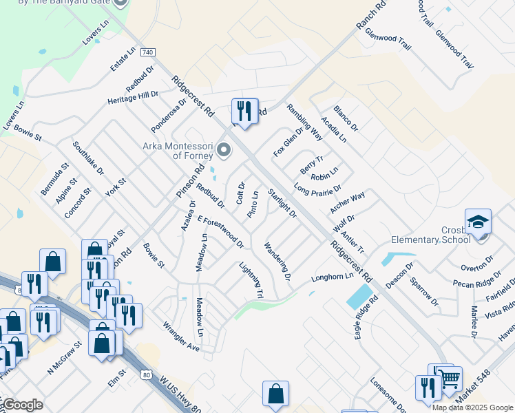 map of restaurants, bars, coffee shops, grocery stores, and more near 517 Pinto Lane in Forney