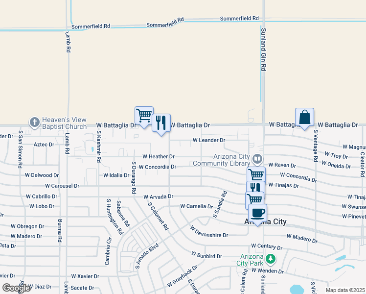 map of restaurants, bars, coffee shops, grocery stores, and more near 13059 South Lovato Circle in Arizona City