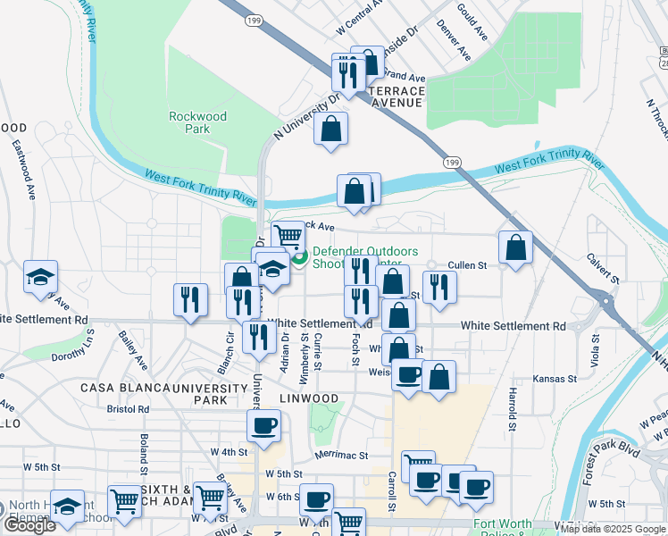 map of restaurants, bars, coffee shops, grocery stores, and more near 2821 Cullen Street in Fort Worth