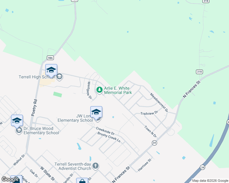 map of restaurants, bars, coffee shops, grocery stores, and more near 1808 Northridge Drive in Terrell