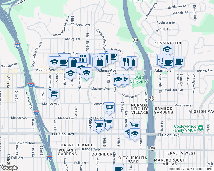 map of restaurants, bars, coffee shops, grocery stores, and more near 4620 36th Street in San Diego
