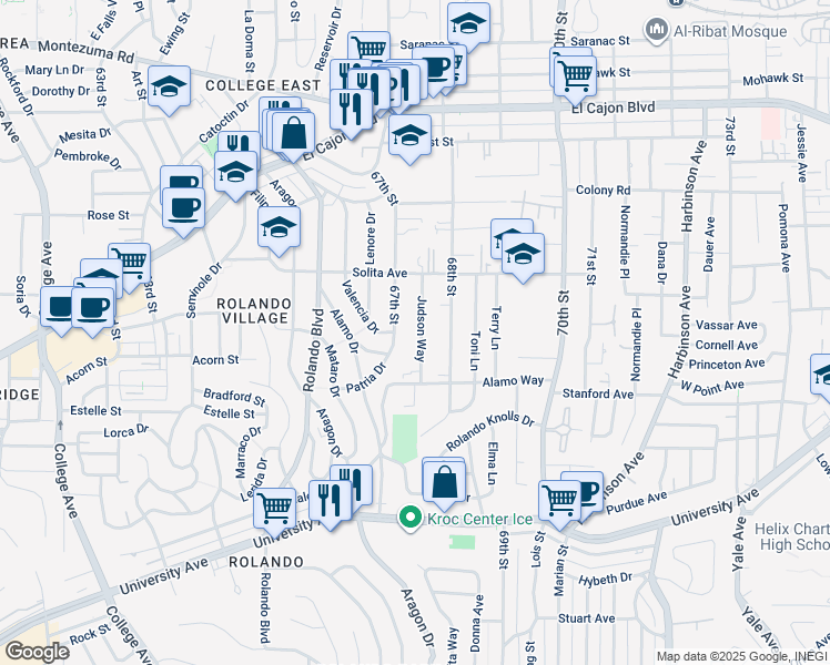 map of restaurants, bars, coffee shops, grocery stores, and more near 4572 Judson Way in La Mesa