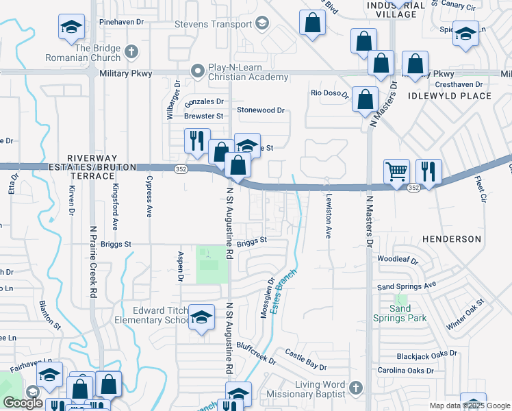 map of restaurants, bars, coffee shops, grocery stores, and more near 2930 North Saint Augustine Drive in Dallas