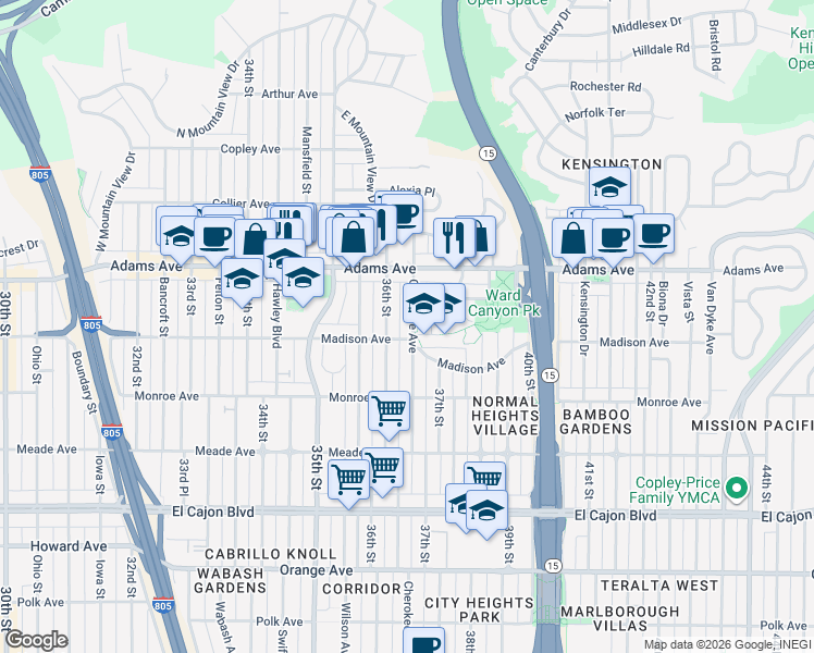 map of restaurants, bars, coffee shops, grocery stores, and more near 4616 Cherokee Avenue in San Diego