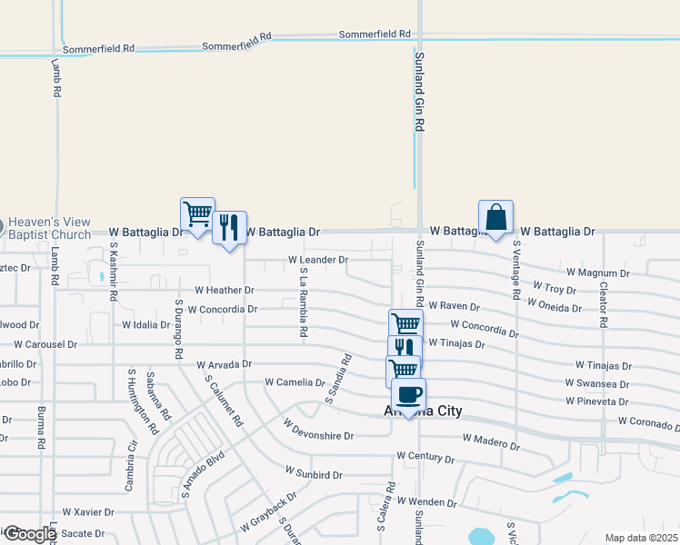 map of restaurants, bars, coffee shops, grocery stores, and more near 9981 Pacifico Drive in Arizona City