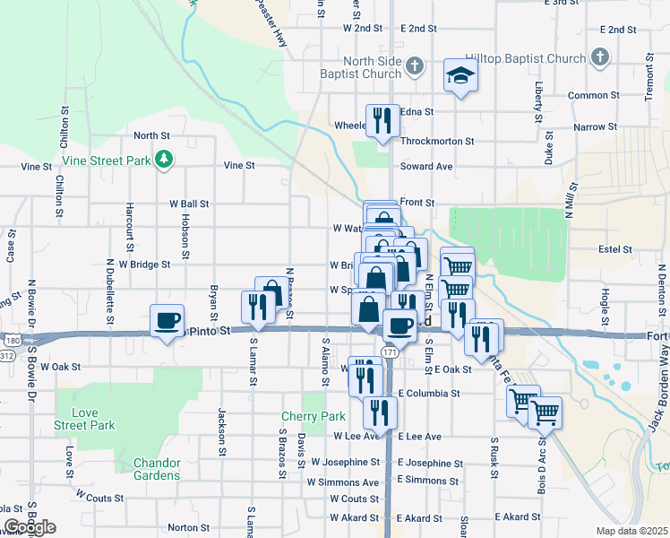 map of restaurants, bars, coffee shops, grocery stores, and more near 209 West Bridge Street in Weatherford