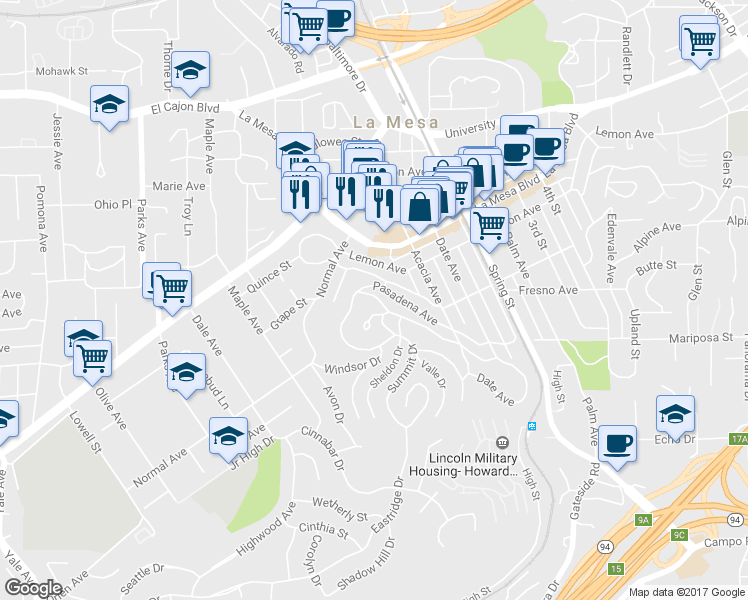 map of restaurants, bars, coffee shops, grocery stores, and more near 8041 Vista Drive in La Mesa