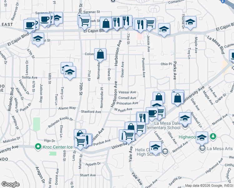 map of restaurants, bars, coffee shops, grocery stores, and more near 4551 Harbinson Avenue in La Mesa