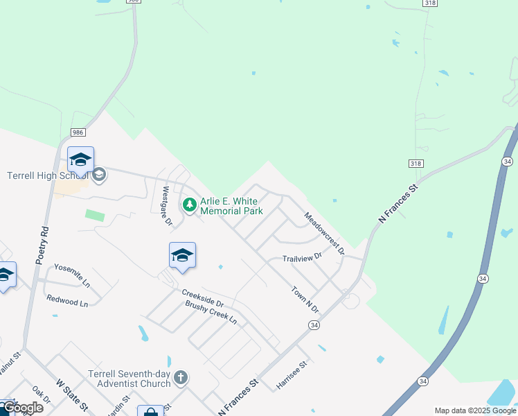 map of restaurants, bars, coffee shops, grocery stores, and more near 1818 Willowbrook Drive in Terrell