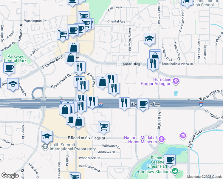 map of restaurants, bars, coffee shops, grocery stores, and more near 1311 Wet N Wild Way in Arlington