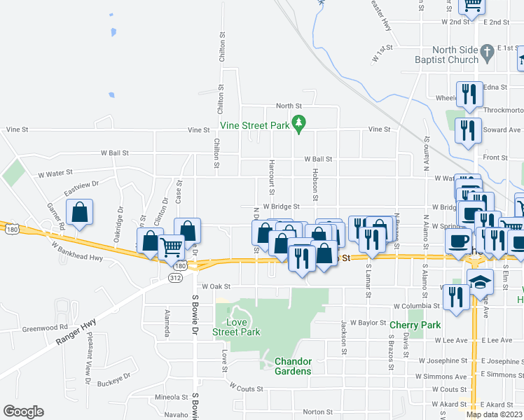 map of restaurants, bars, coffee shops, grocery stores, and more near 905 West Bridge Street in Weatherford