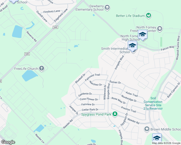 map of restaurants, bars, coffee shops, grocery stores, and more near primrose Lane in Forney