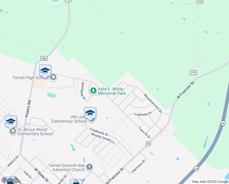 map of restaurants, bars, coffee shops, grocery stores, and more near 1808 Northridge Dr in Terrell