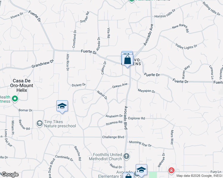 map of restaurants, bars, coffee shops, grocery stores, and more near 10735 Queen Avenue in La Mesa