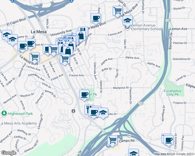 map of restaurants, bars, coffee shops, grocery stores, and more near 4528 Upland Street in La Mesa