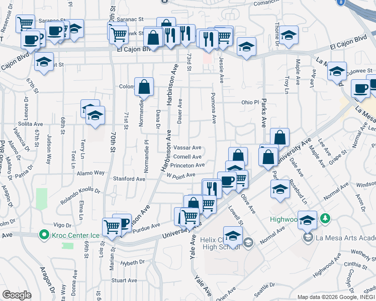 map of restaurants, bars, coffee shops, grocery stores, and more near 7277 Vassar Avenue in La Mesa
